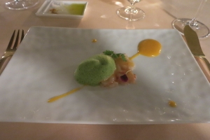 Emince of Lobster on Apricot Puree with Basil Puff